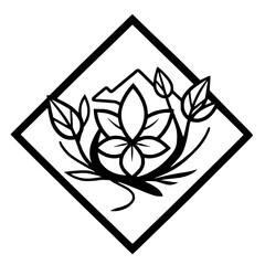 Stylized black and white floral emblem within a diamond frame, featuring a central flower, leaves, and mountain-like shape.