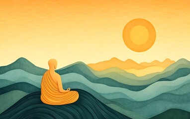 Tranquil Contemplation: A serene figure, bathed in warm light, finds inner peace through meditation atop a rolling hill, as a radiant sun sets behind undulating mountains.