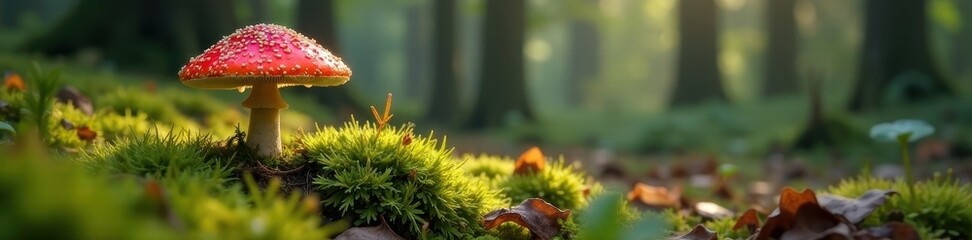 Solitary mushroom, vibrant moss, autumn forest, damp wood, woodland, lush, macro