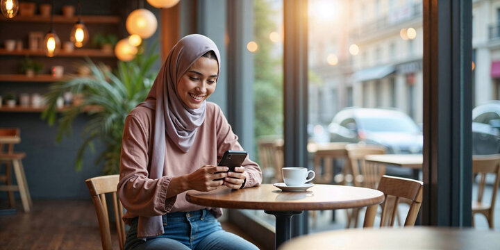 Young smiling muslim woman wearing hijab, enjoying cup of coffee while using her smartphone in a cozy cafe, browsing social media, using mobile app or texting at coffee shop in vibrant urban setting
