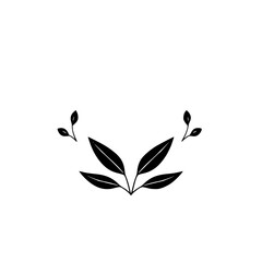 Minimalist Black Leafy Botanical Design Featuring Five Leaves and Two Small Twig Leaves, Isolated on a White Background.