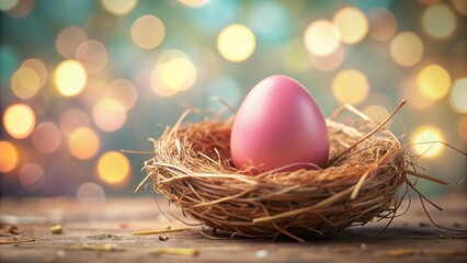 Obraz premium Ultra-Realistic Pink Easter Egg in Nest, Soft Focus Spring Background - Stock Photo