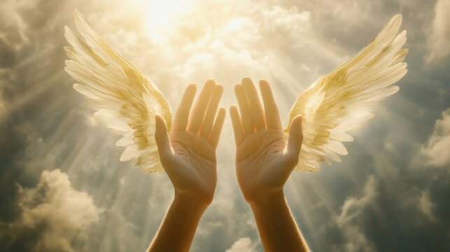 a pair of open hands reaching towards the viewer, with angel wings spread behind them; ethereal light filtering through white clouds above; soft and warm color palette with highlights on each hand's