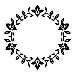 Elegant Black Floral Wreath on White Background: symmetrical circular design with flower and leaf silhouettes.