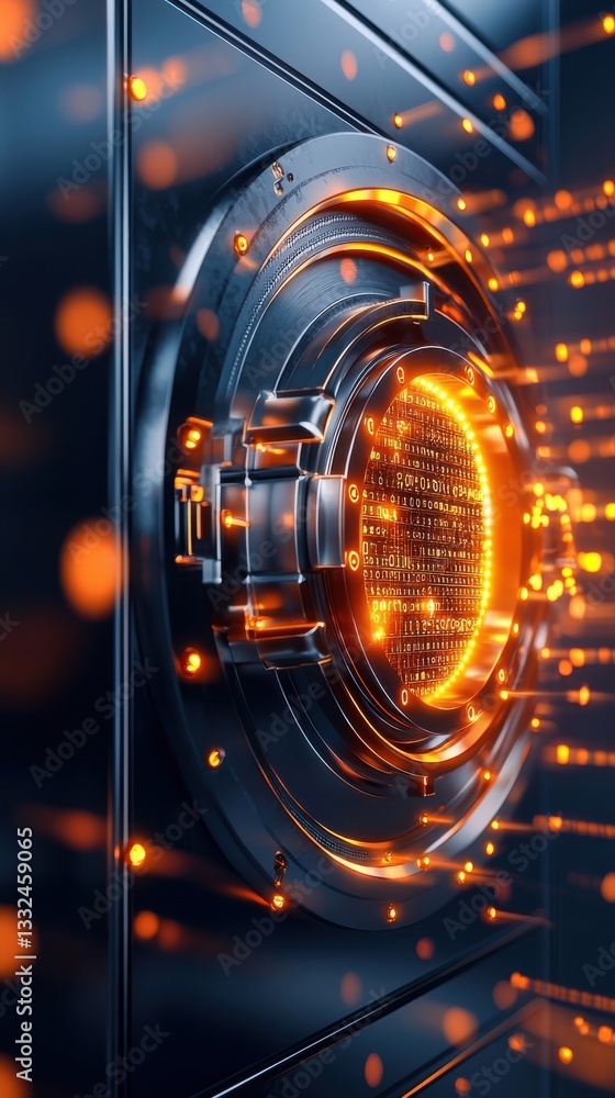 Poster futuristic security vault with data streaming and glow effects