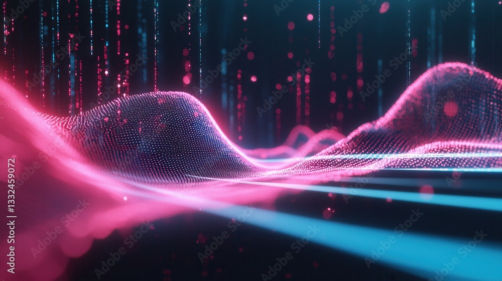 Poster mesmerizing abstract visual of vibrant pulsing pink and blue wave lines moving in a dynamic high spe