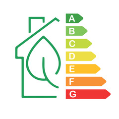 Energy efficient home editable stroke outline icon set isolated on white background. Home energy efficiency rating graphic with color code from A to G indicating eco-friendly levels