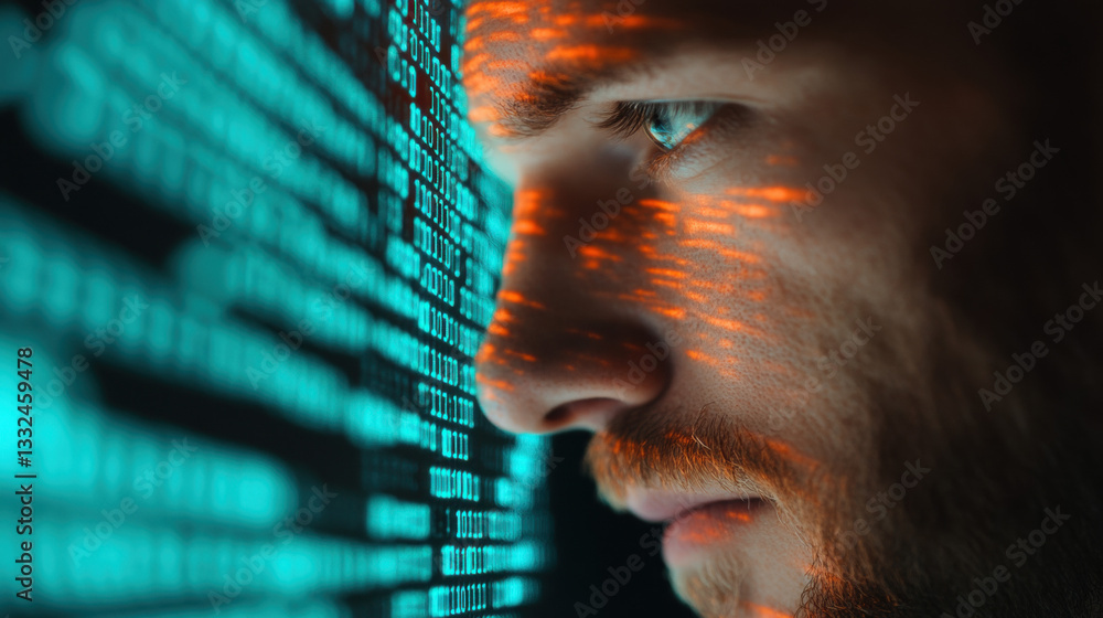 Poster focused man analyzing digital data on a screen.