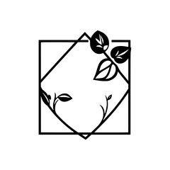 Minimalist Geometric Illustration: Black Square Frame with Diamond Overlay and Delicate Leafy Vines on White Background.