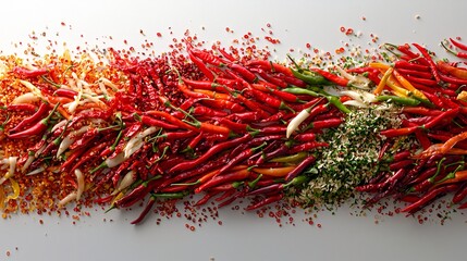 Naklejka premium Vibrant Assortment of Fresh Chile Peppers and Spices Displayed on a White Surface for Culinary Inspiration