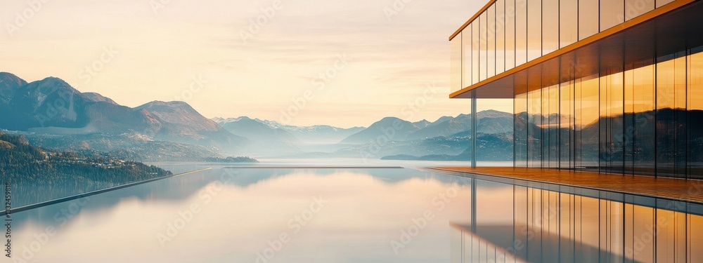 Poster modern architecture overlooking tranquil lake with mountain view