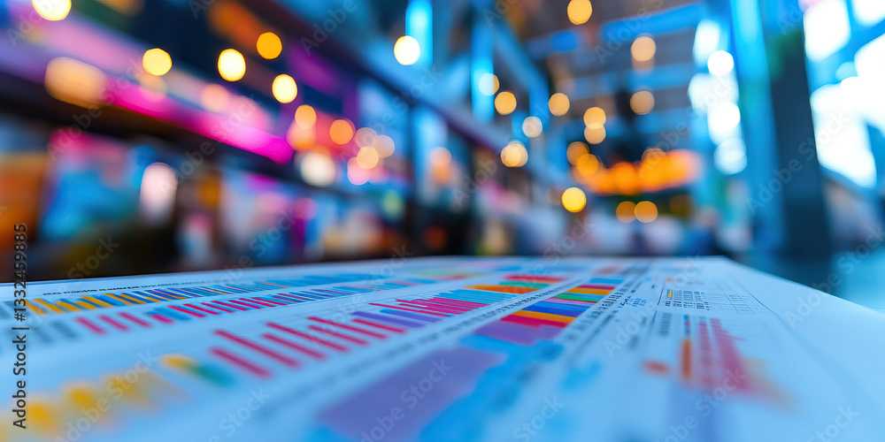 Poster multicolored bar graphs on document with blurred indoor lighting background