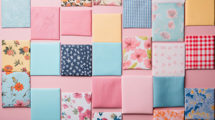 Quilt fabric squares in pastel colors. Patchwork flatlay graphic banner with copyspace
