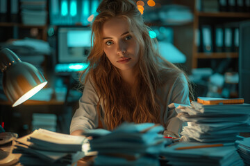 Fototapeta premium A woman is sitting at a desk with a pile of papers in front of her
