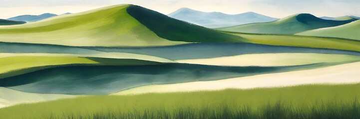 Oil Painting of Vibrant Green Surreal Hills and Mountains, Old Chinese Style Painting for Backgrounds, Backdrops