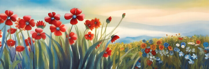 Old Asian Style Oil Painting of Colored Flowers in a Grassy Plains Landscape for Backgrounds, Backdrops
