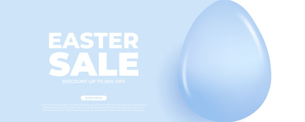 Easter Sale commercial banner with blue glossy Easter Egg for Easter Day shopping promotion and sale advertising. Vector illustration.