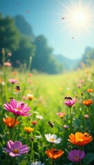 Obraz premium Sun-drenched meadow teeming with buzzing insects and colorful blossoms , green, sunlight