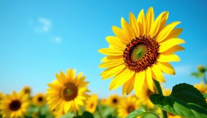 Sun-drenched sunflowers, vibrant yellow against a clear blue sky , scenic, landscape