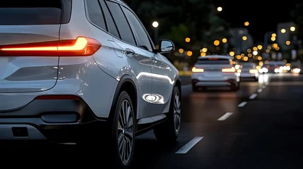 Fototapete Fahrzeug SUV taillights shine brightly as vehicles move through a busy city street during sunset, creating a dynamic urban atmosphere  © lililia