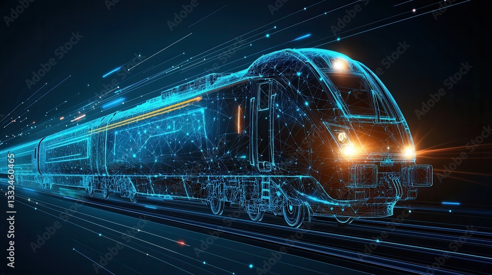 Poster a high speed futuristic train with a glowing wireframe structure cutting through a dynamic technolog