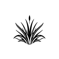 Black and white minimalist illustration of reeds and a cattail emerging from the base, elegant and simple.