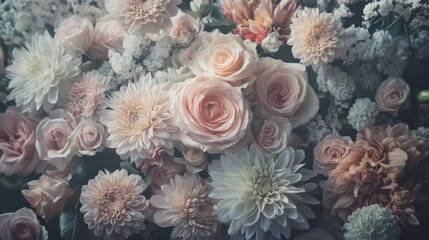 A stunning pastel flower bouquet featuring roses and chrysanthemums; soft, dreamy shades intertwine, exuding elegance and classic romanticism.