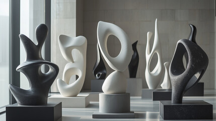 Contemporary Abstract Sculpture Exhibition in Modern Museum with Artistic Atmosphere, Monochromatic Contrast and Innovative Design for the Cultural World &ndash; Generative AI