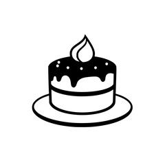 Minimalist Black and White Cake Illustration: Round layered cake with chocolate frosting, topped with cream design on a plate, single-serving aesthetic.