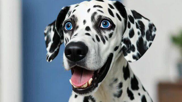 Dalmatian with striking blue eyes sitting indoors with playful expression