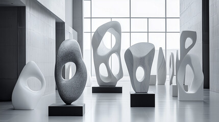 Contemporary Abstract Sculpture Exhibition in Modern Museum with Artistic Atmosphere, Monochromatic Contrast and Innovative Design for the Cultural World &ndash; Generative AI