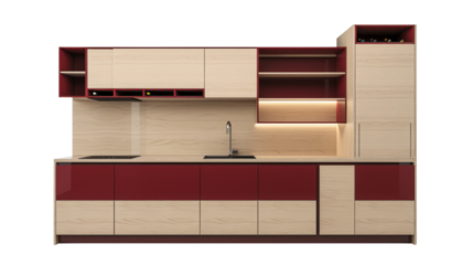 Modern red and wooden kitchen furniture with transparent background