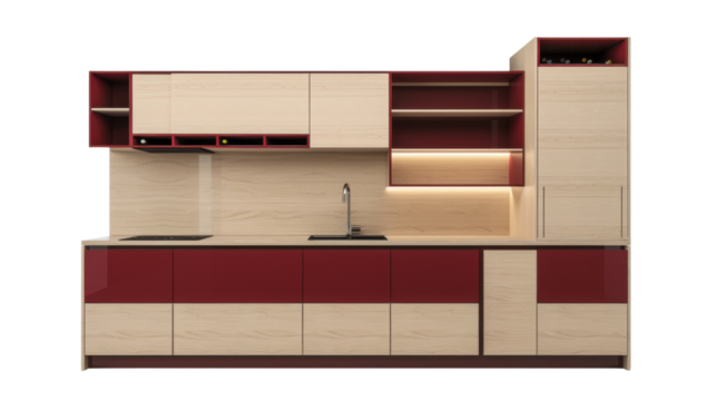 Modern red and wooden kitchen furniture with transparent background