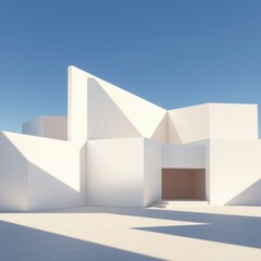Modern angular architecture with clean lines and a minimalistic design against a clear blue sky