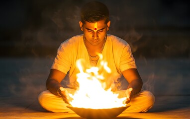 Sacred Ritual: A person performs a traditional ceremony, concentrating intensely as they hold the flames, against the atmospheric backdrop.