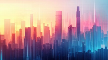 Fototapeta premium Modern City Skyline at Sunset with Vibrant Colors and Lights