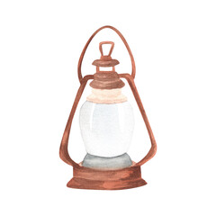 Camping kerosene or gasoline lantern. Metal lamp for expedition. Tourist equipment. Exploration lamp clipart. Hiking. Isolated image. Hand-drawn watercolor illustration