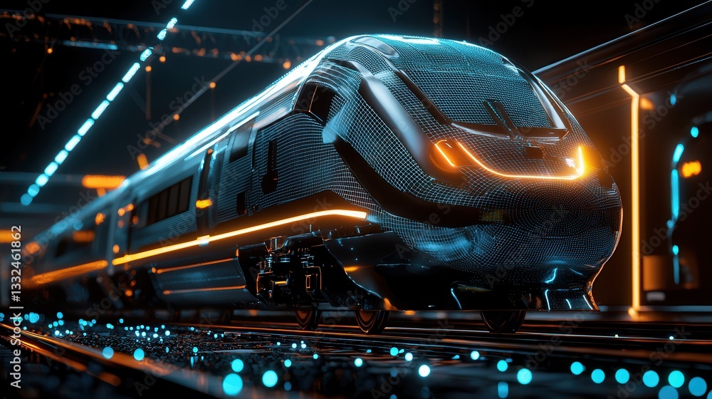 Poster a sleek streamlined futuristic train gliding swiftly along a network of illuminated rails showcasing