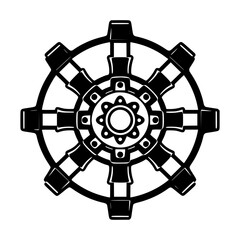 Obraz premium Intricate Black and White Aztec-Inspired Wheel Design with Detailed Geometric and Circular Patterns, Set Against a Pure White Background.