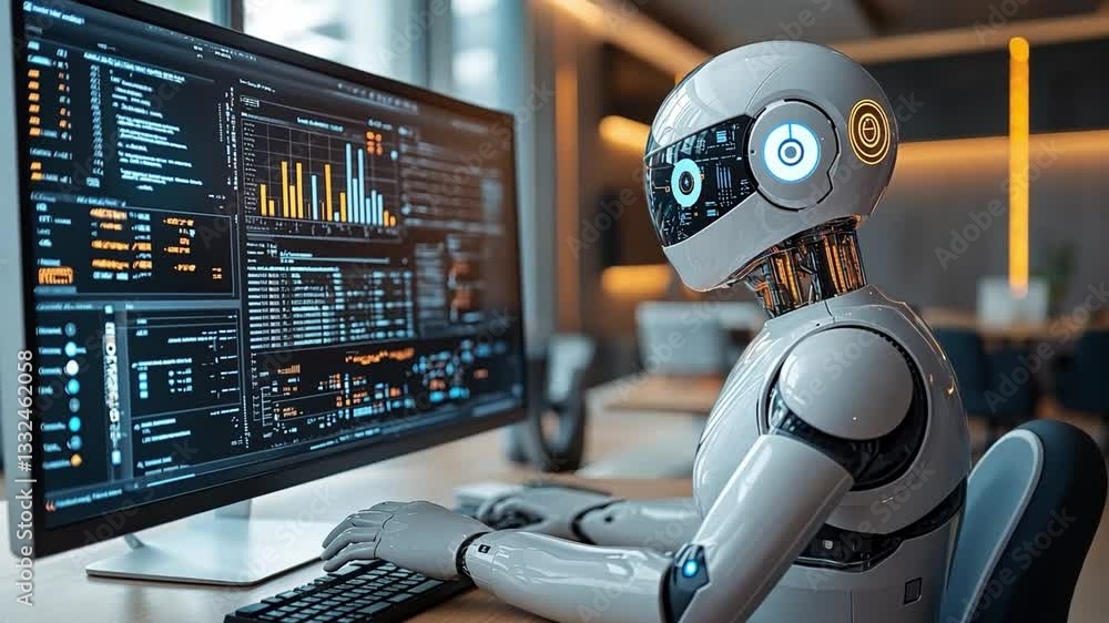 Poster a robot analyzes data on a large computer screen in a modern office setting during the daytime