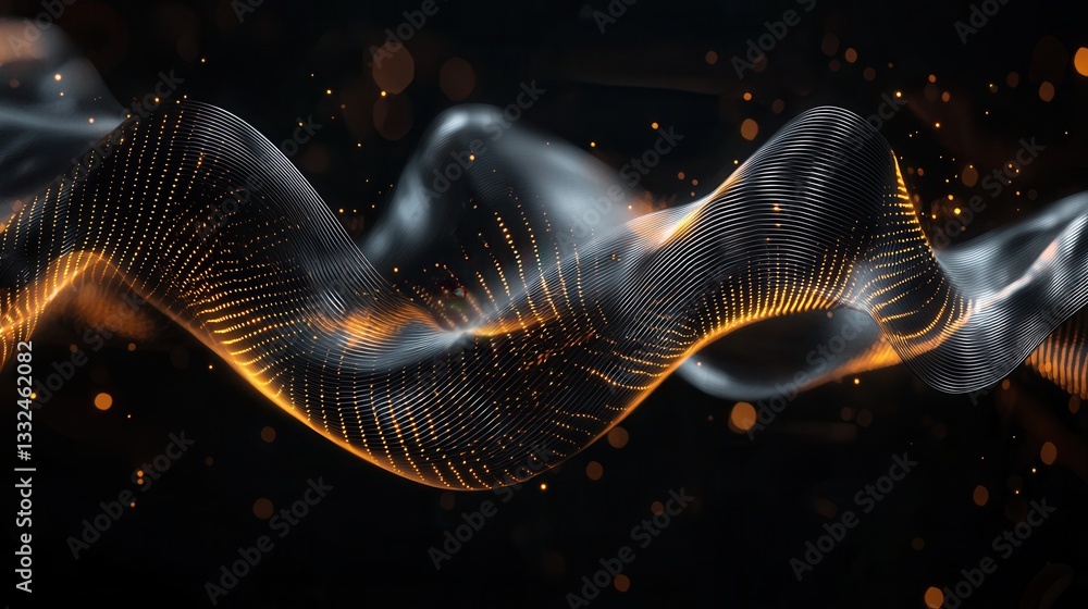 Poster an abstract and mesmerizing digital landscape featuring glowing golden neon wave lines creating a ca