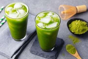 Matcha ice tea in glass. Grey background. Close up.