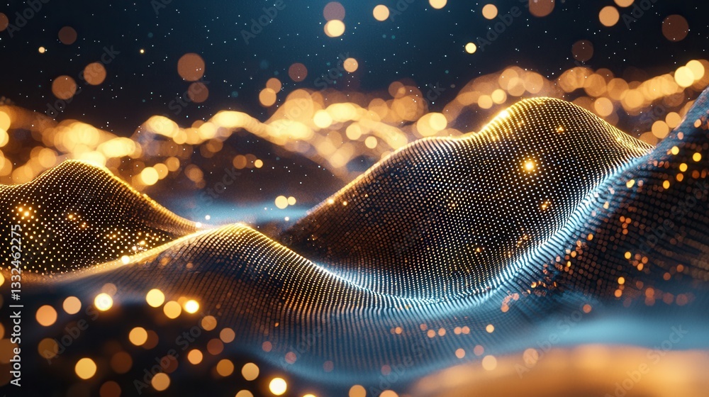 Poster a dynamic and visually captivating image featuring intricate golden neon wave like lines creating a 
