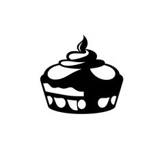 A simple, black and white illustration of a cupcake, with a swirl of frosting and a leaf on top, on a white background.