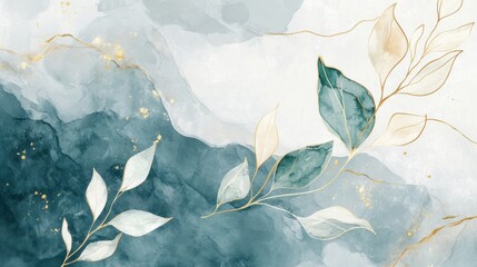 Abstract Teal & Cream Leaves on Watercolor Background
