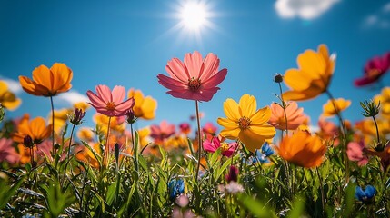 Obraz premium Vibrant Wildflower Meadow Under a Bright Clear Sky with Sunshine and Blooming Colorful Petals