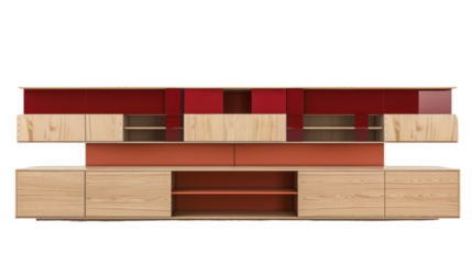 Modern red and wooden wall unit with transparent background