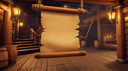 Torn Empty Scroll Hanging In A Wooden Pirate Ship Interior With Lanterns And Dim Lighting
