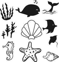 Whale, starfish, seashell, fish, seaweed underwater. Perfect for marine life, ocean conservation, coastal themes, educational materials, and naturerelated designs.