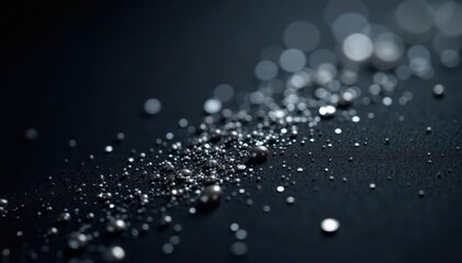 Scattered silver glitter on black, high-resolution close-up, glitter, luxury